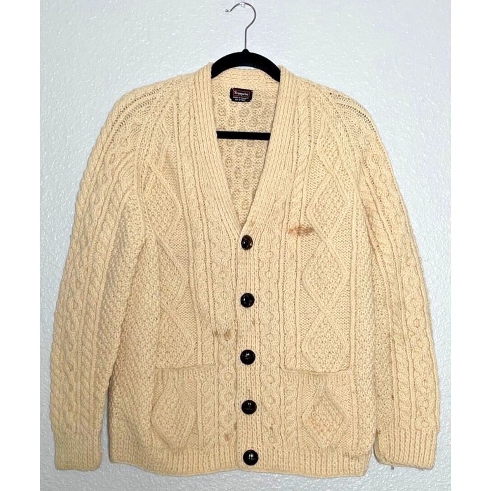 VTG Trampeter Fisherman's Cardigan Sweater Cream Chunky Knit Ireland Stained 44"